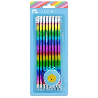 Cute Crew Rainbow Ombre HB Pencils and Sharpener Set: Pack of 8 image number 1