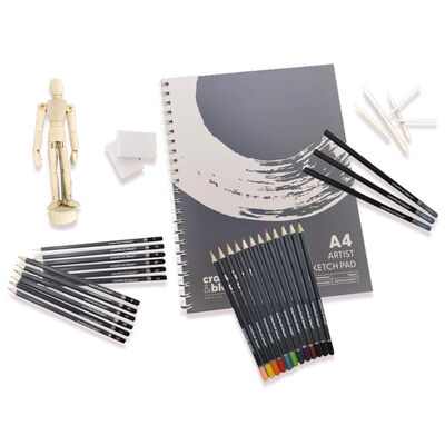 Sketching Art Set with Manikin - 54 Piece Beginners Wooden Box Set for Sketching & Coloring Supplies for Artists, Beginners, Kids, Adults and Professi