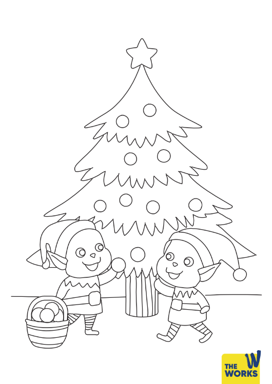 Elves Decorating Christmas Tree Colouring Sheet