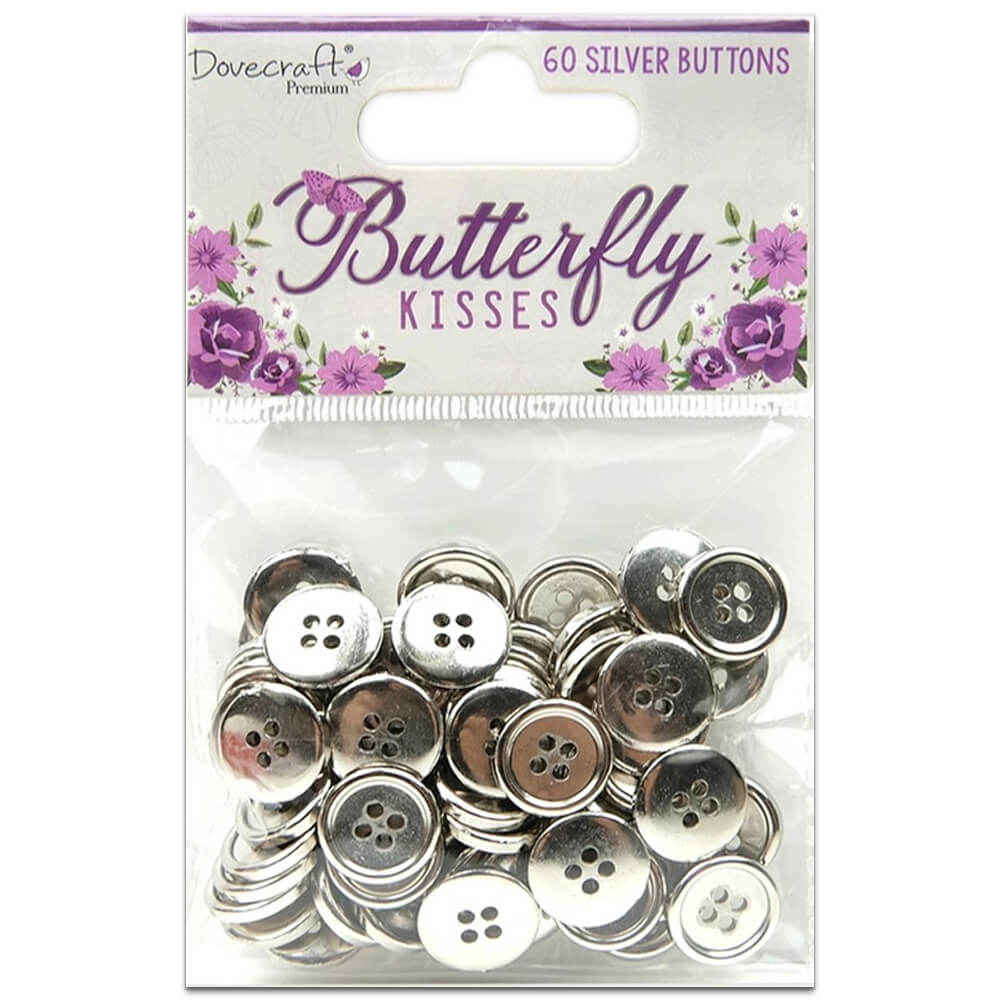 Dovecraft Premium Butterfly Kisses Metallic Buttons Silver: Pack Of 60